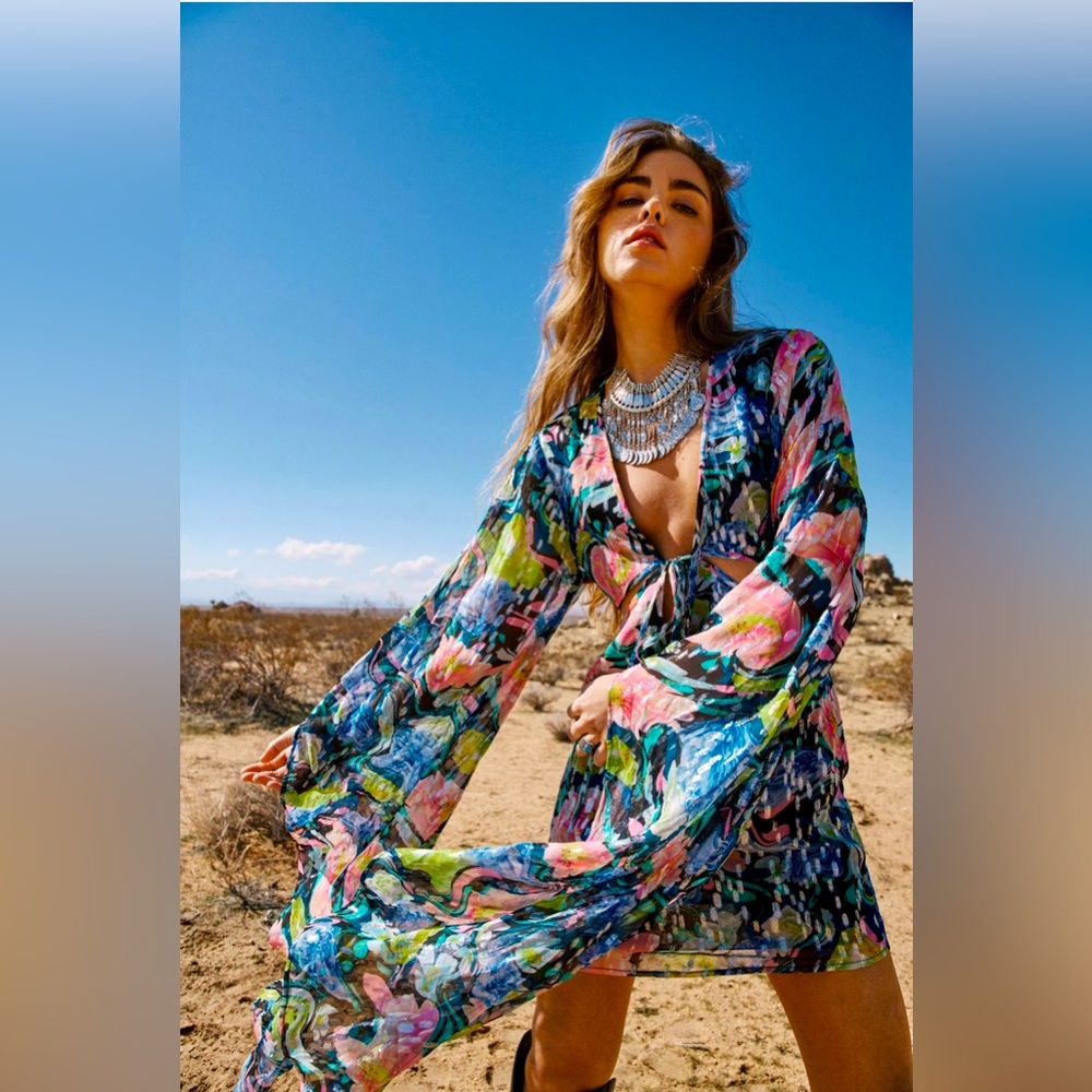 Nasty Gal Metallic Flare Sleeve Floral Mini Dress